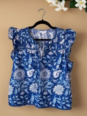 Jennifer & Grace Blue Floral Cotton Flutter Sleeve Top Size L NWT
